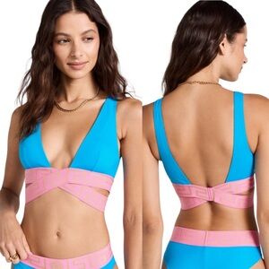 NWT Versace Aqua Blue Pink Greca Logo Border Twist Crisscross Bikini Top - M
